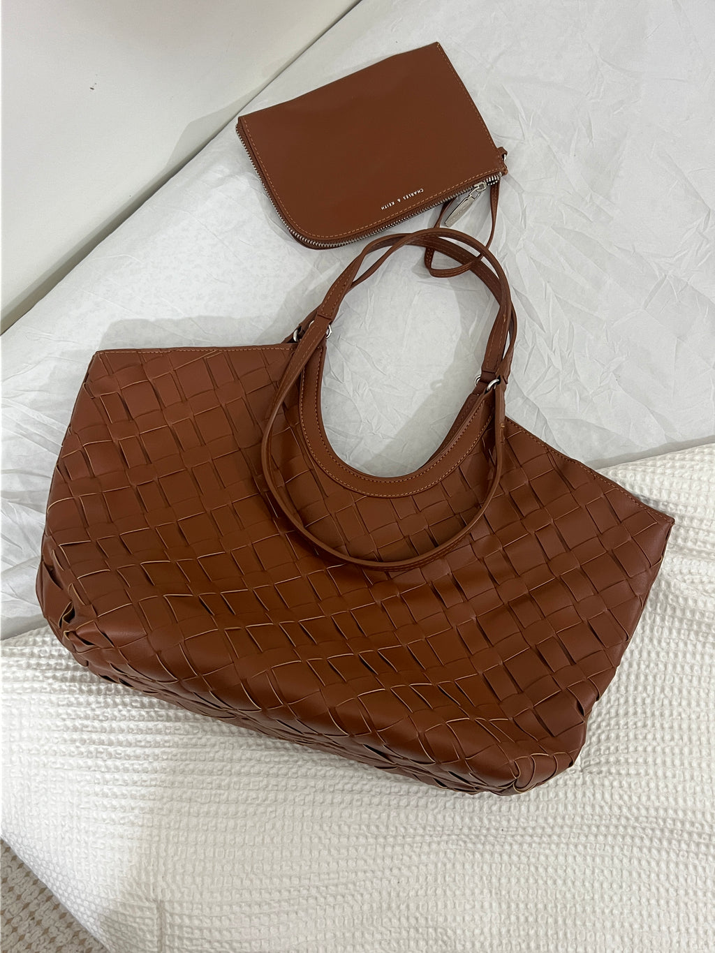 CHARLES & KEITH Ivette Woven Tote Bag - Chocolate