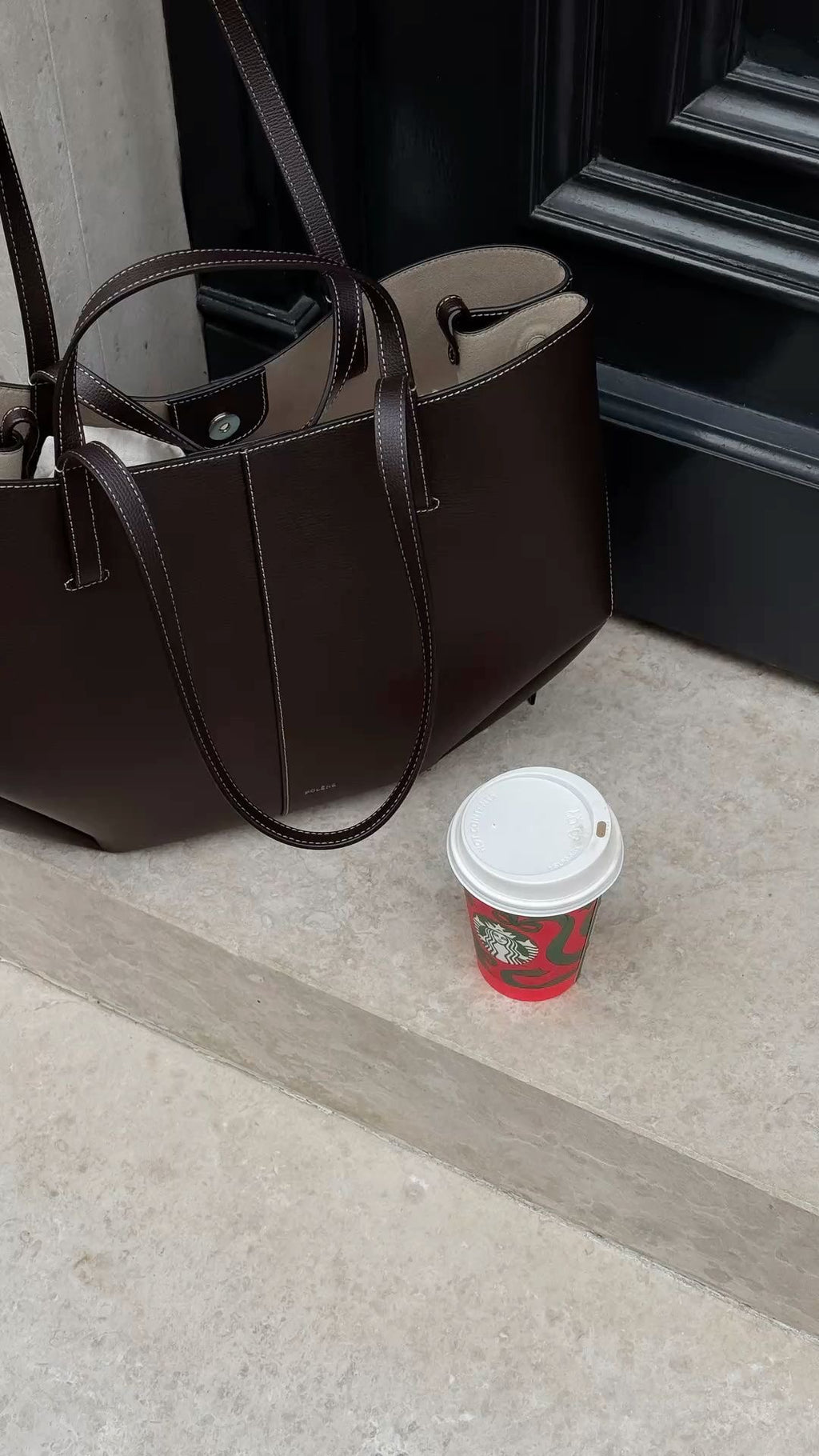 Polène Cyme Small Tote Bag with Pouch – CHOCOLATE BROWN