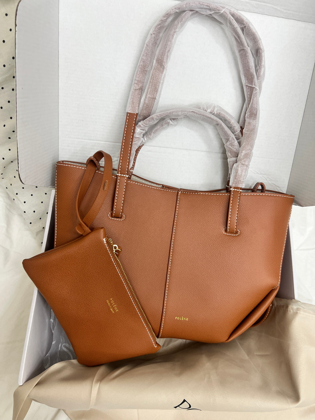 Polène Cyme Small Tote Bag – Camel Tan (With Pouch)