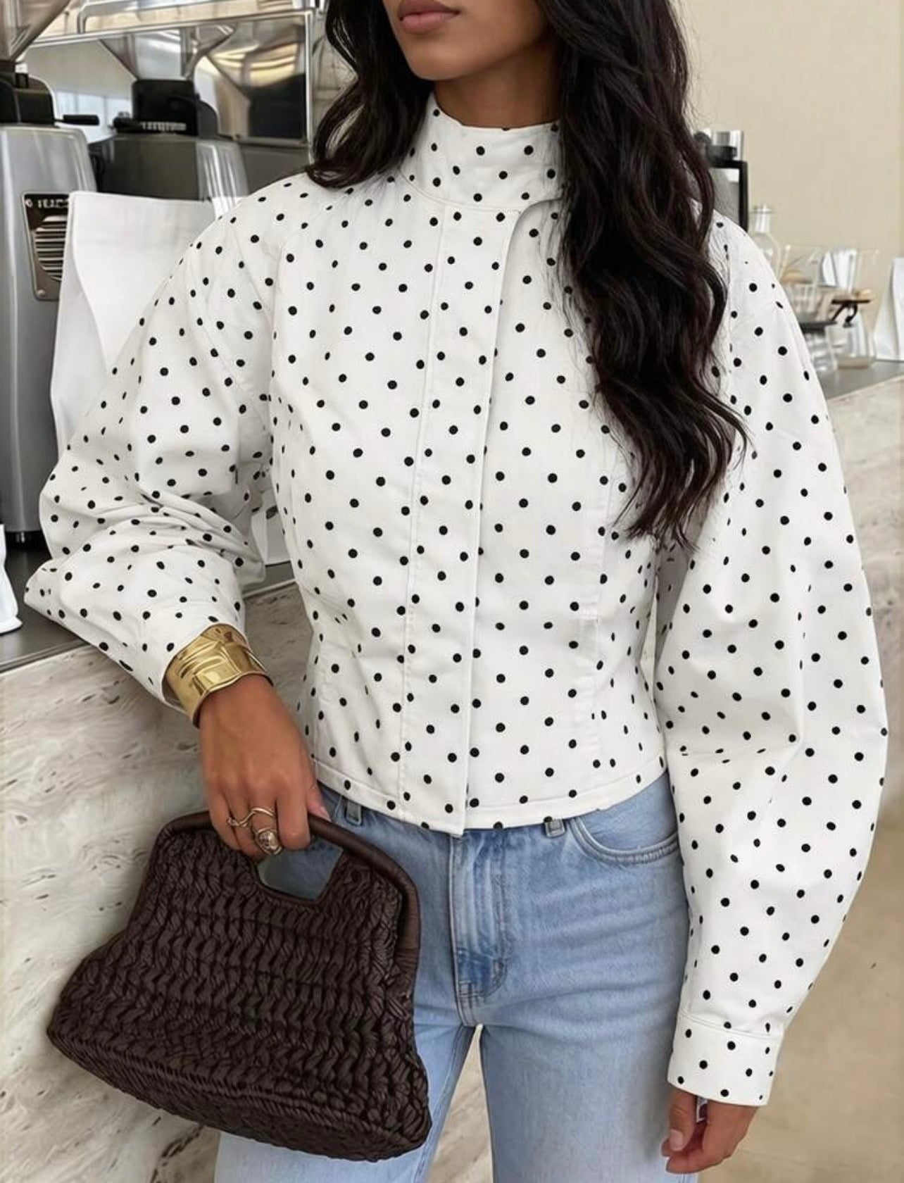 Viral Polka Dot Print Shoulder loose Style Jacket White Casual Everyday