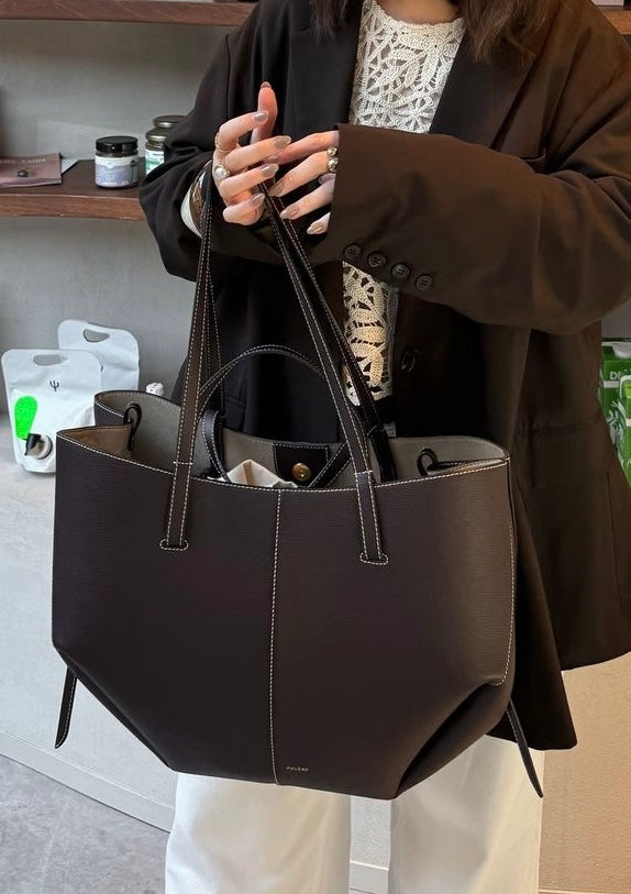 Polène Cyme Small Tote Bag with Pouch – CHOCOLATE BROWN