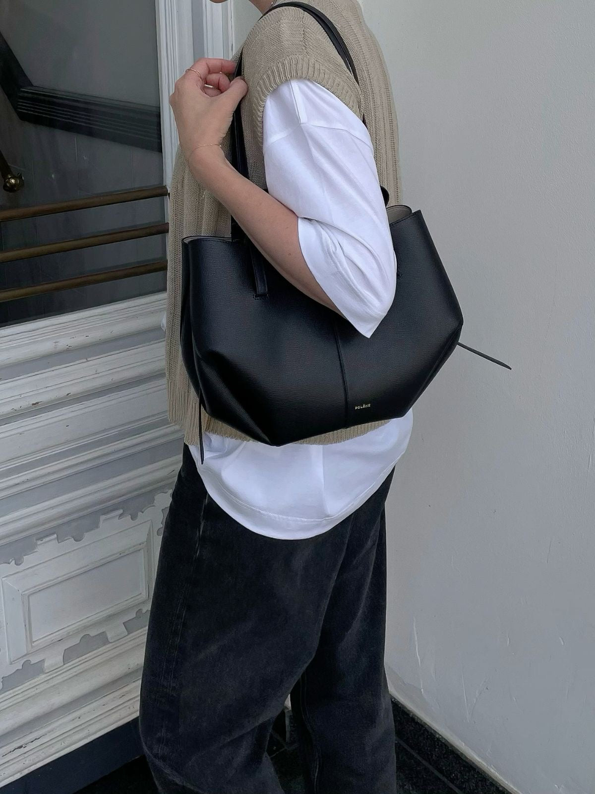 Polène Cyme Small Tote Bag – Black (With Pouch)