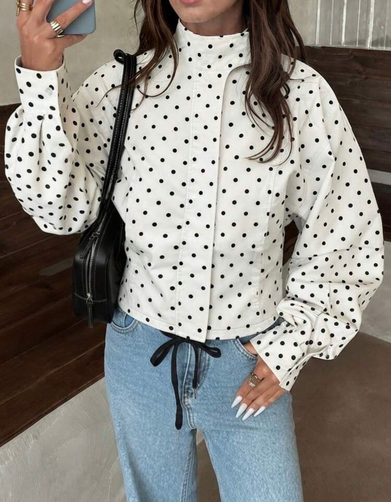 Viral Polka Dot Print Shoulder loose Style Jacket White Casual Everyday