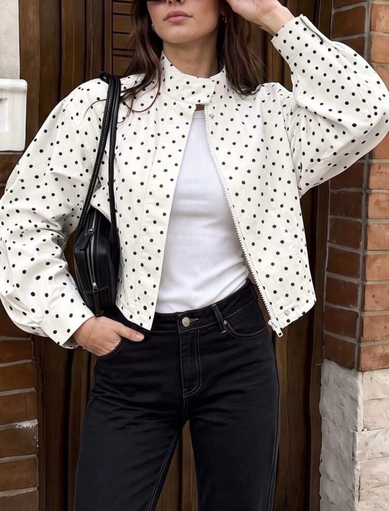 Viral Polka Dot Print Shoulder loose Style Jacket White Casual Everyday