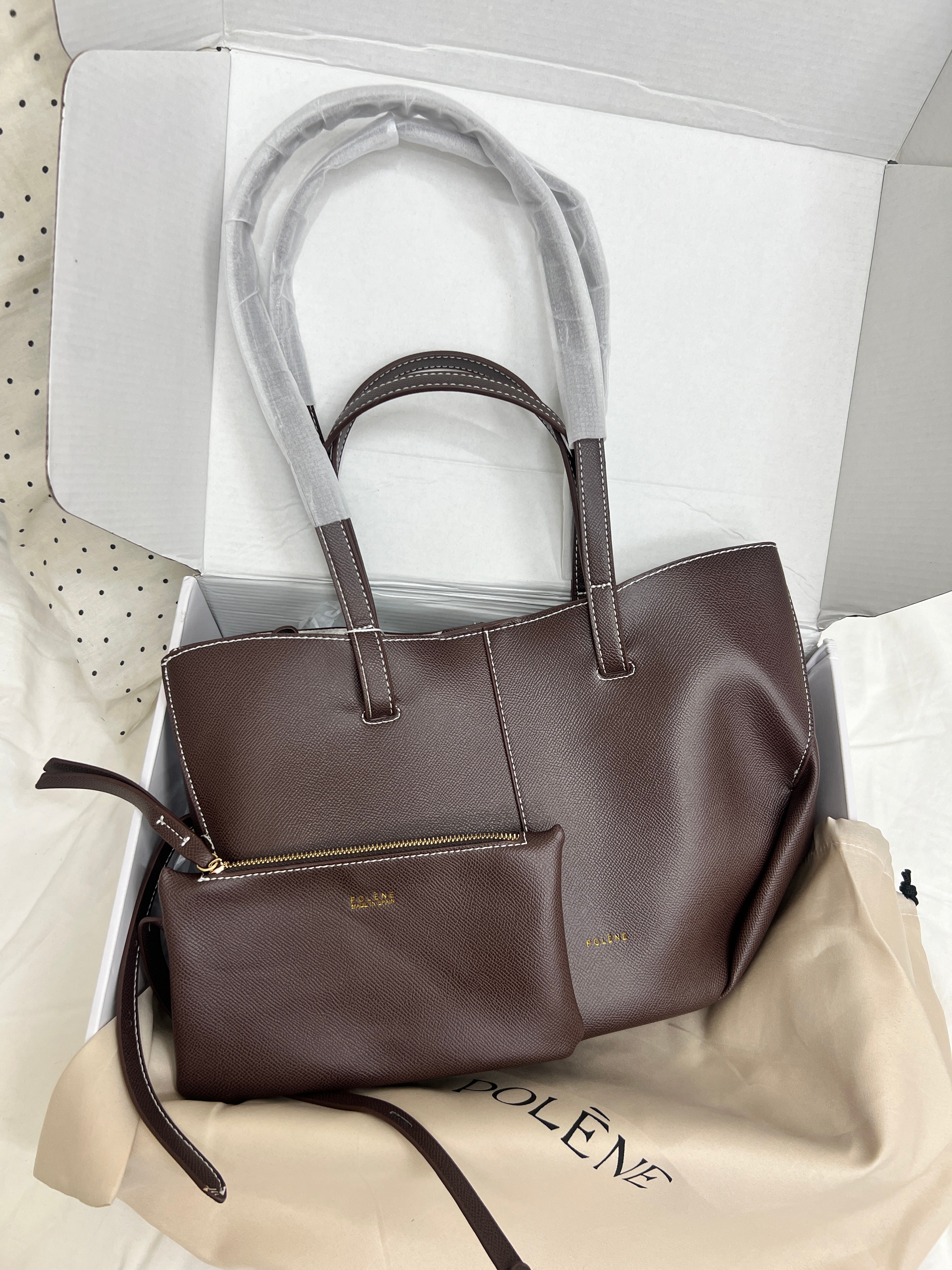Polène Cyme Small Tote Bag with Pouch – CHOCOLATE BROWN