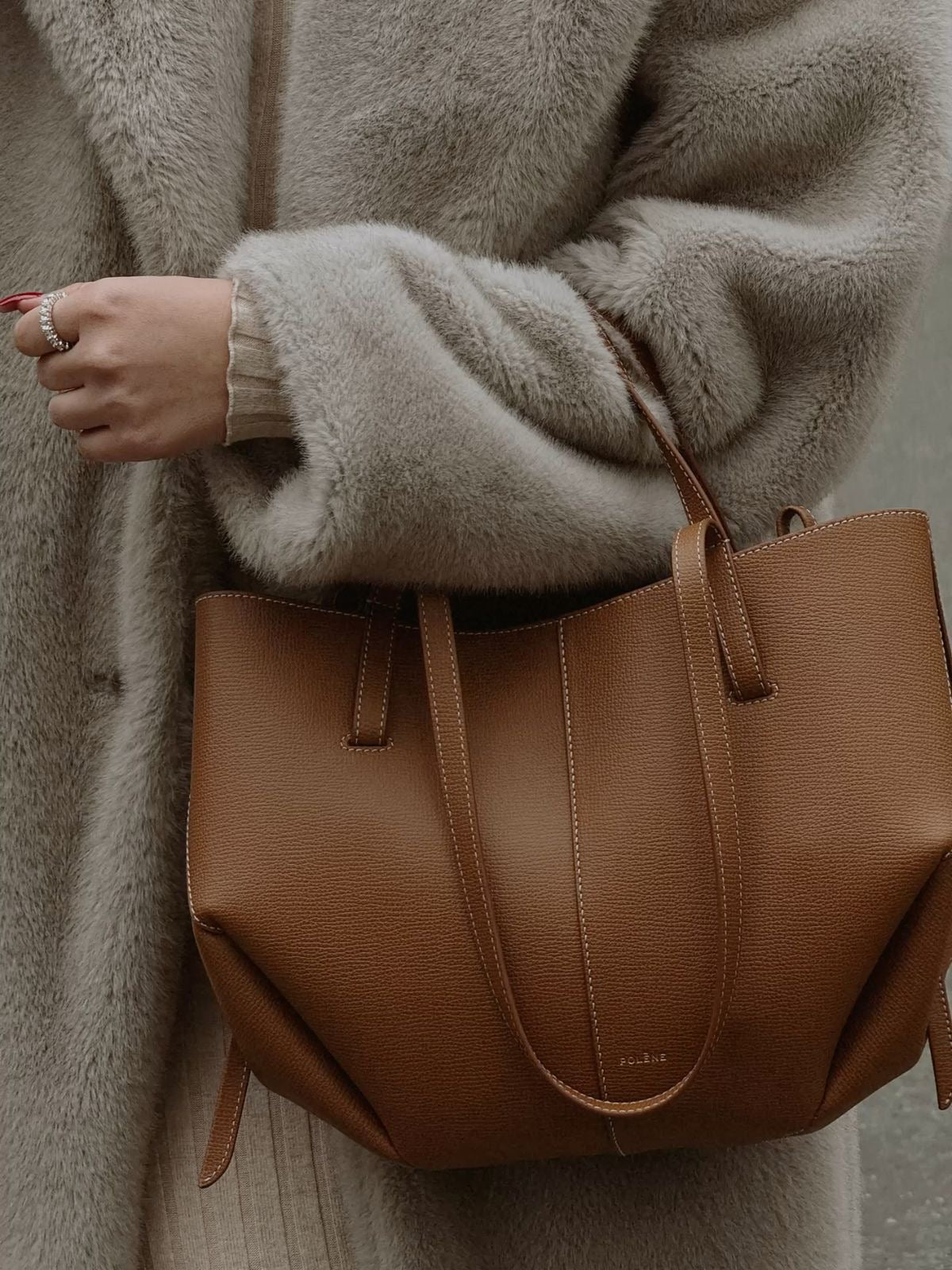 Polène Cyme Small Tote Bag – Camel Tan (With Pouch)