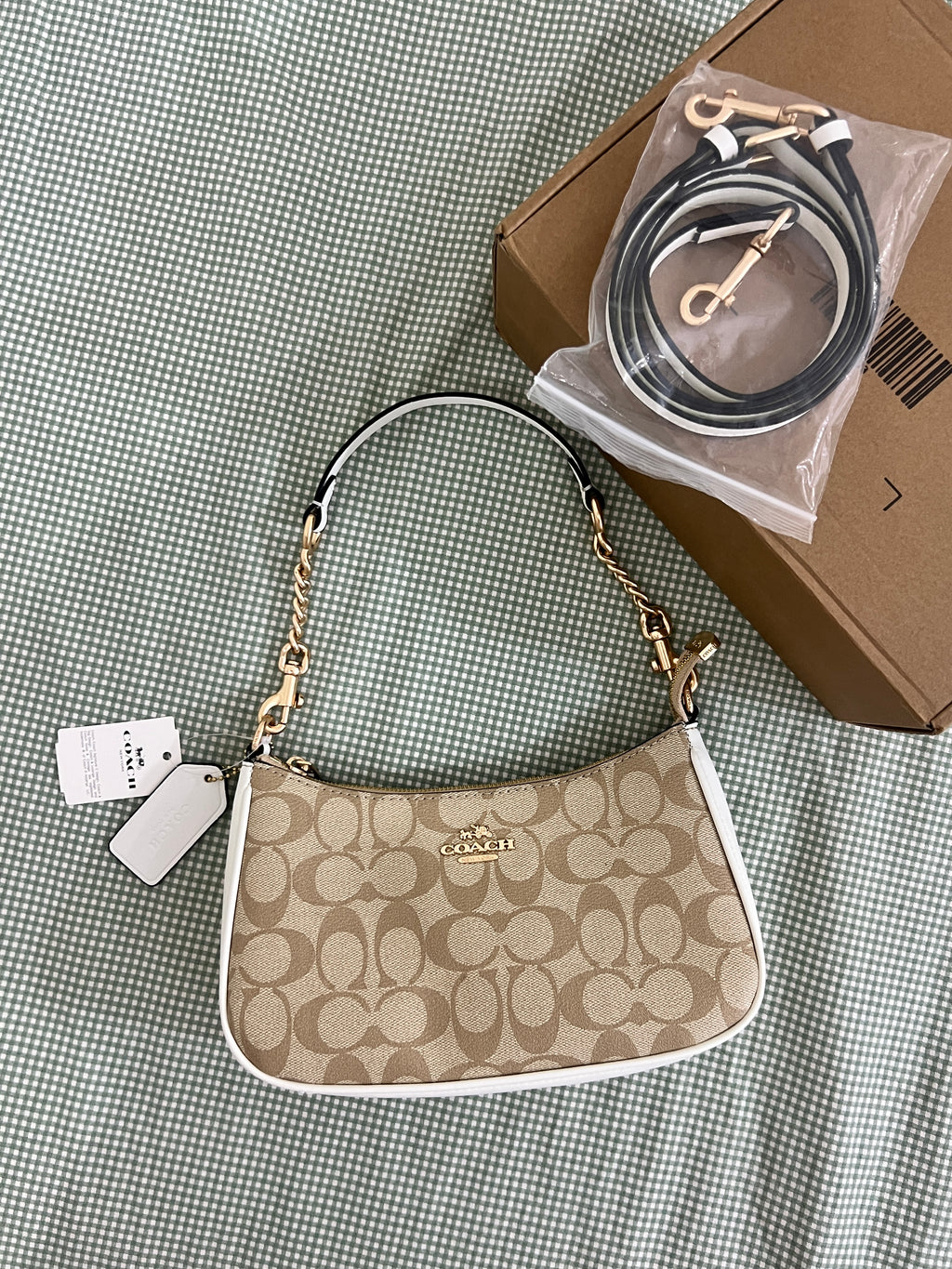 Coach Teri khaki white Shoulder Bag (with Box and long strap)