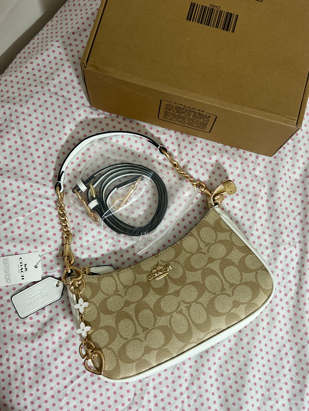 Coach Teri khaki white Shoulder Bag (with Box, charm and long strap)