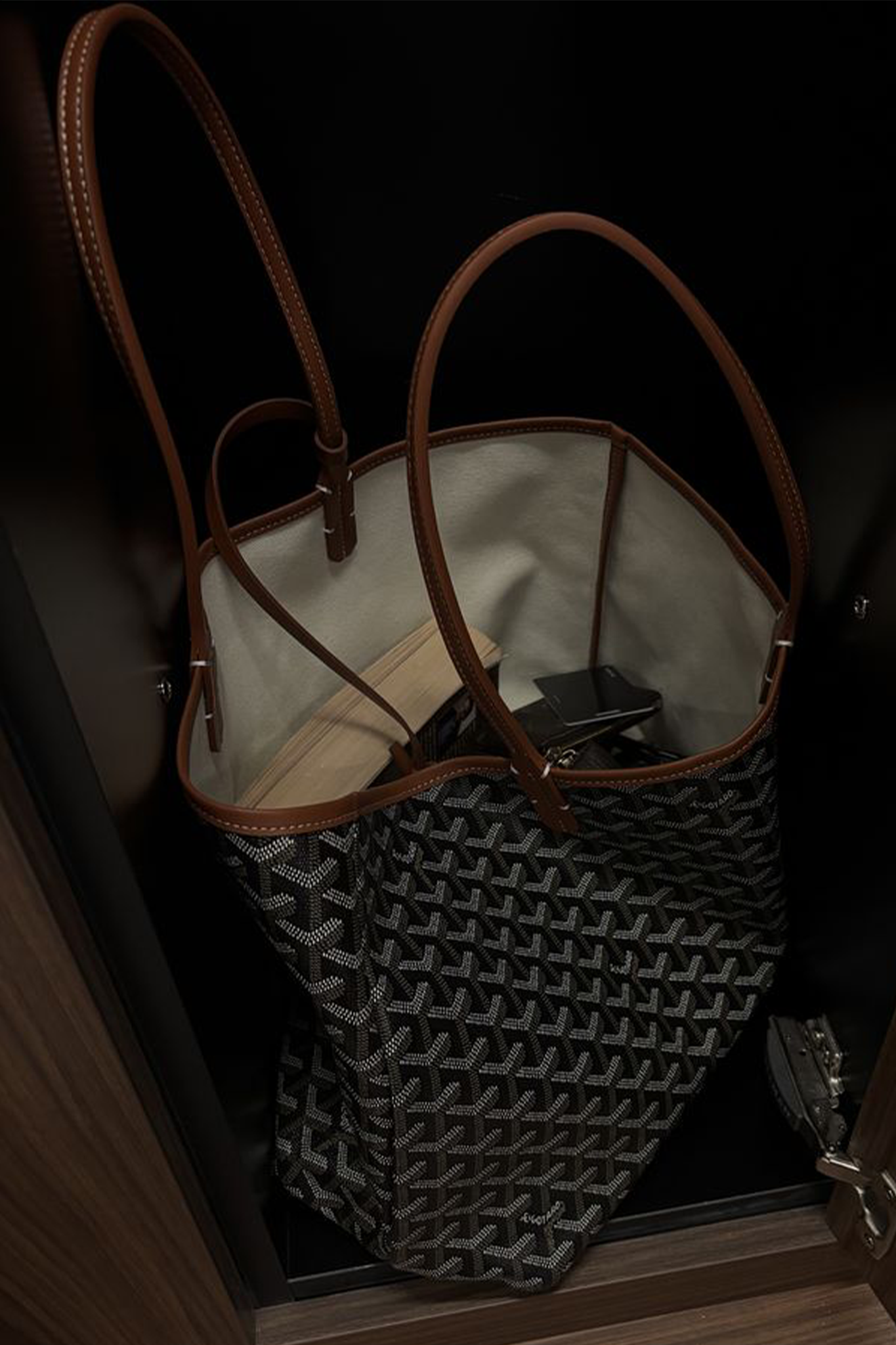 Goyard Tote Bag –  Black with Brown (Large With Pouch)